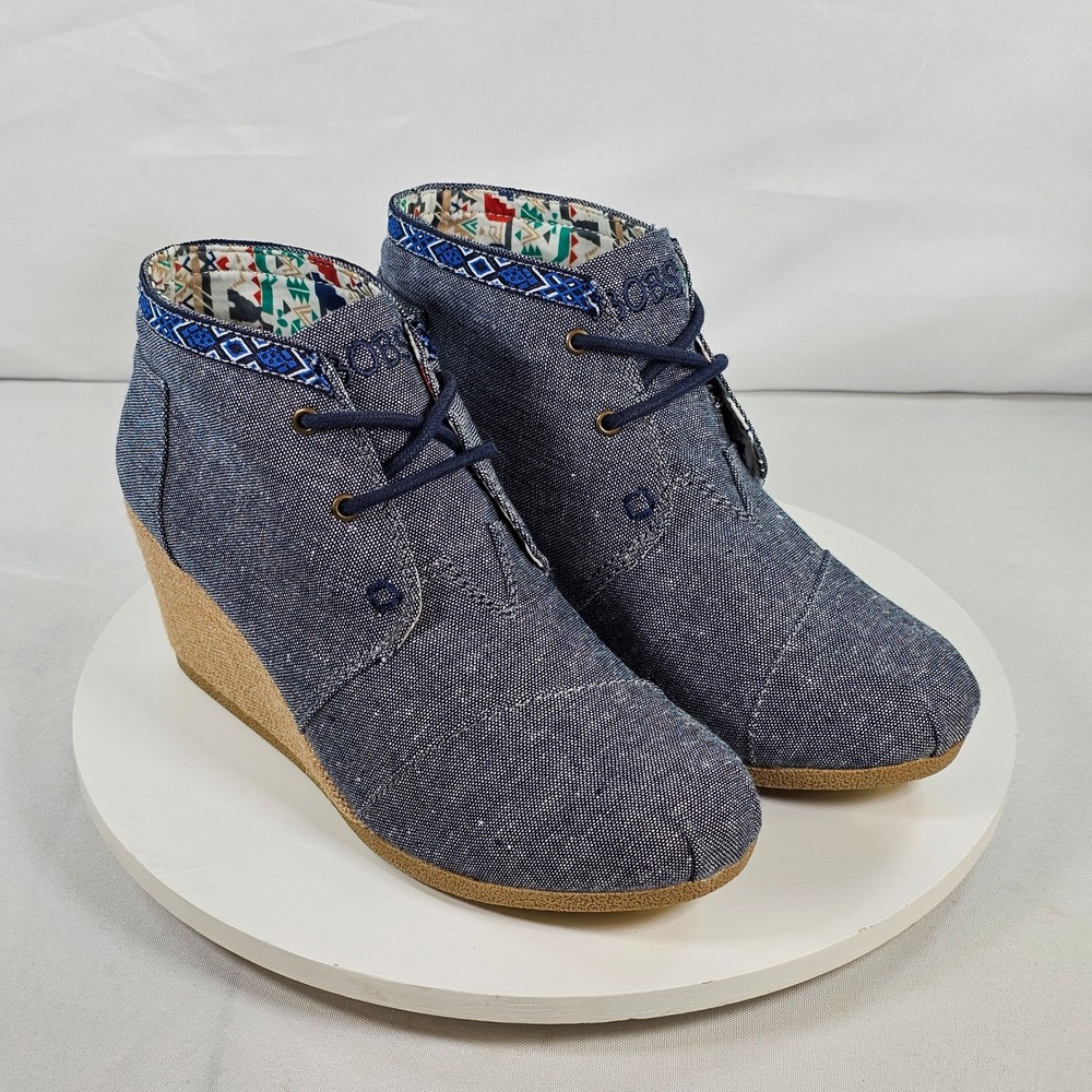 Skechers BOBS Denim Wedge Booties Navy Blue Lace Up Desert Boots 34288 NVY 7